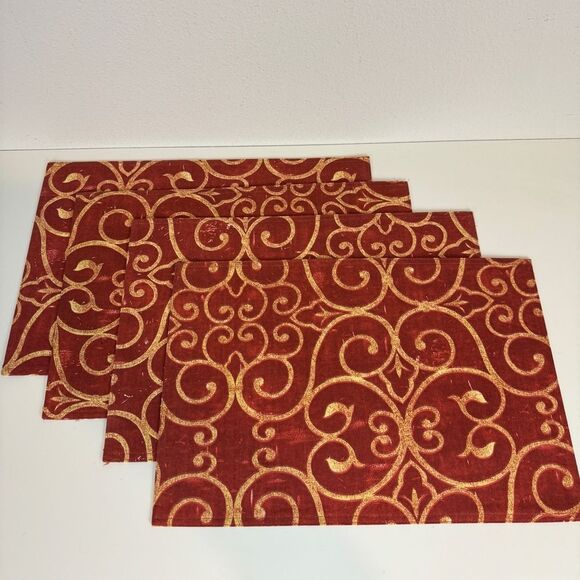 4 Red Yellow Scroll Pattern Fabric Placemats - Picture 1 of 6